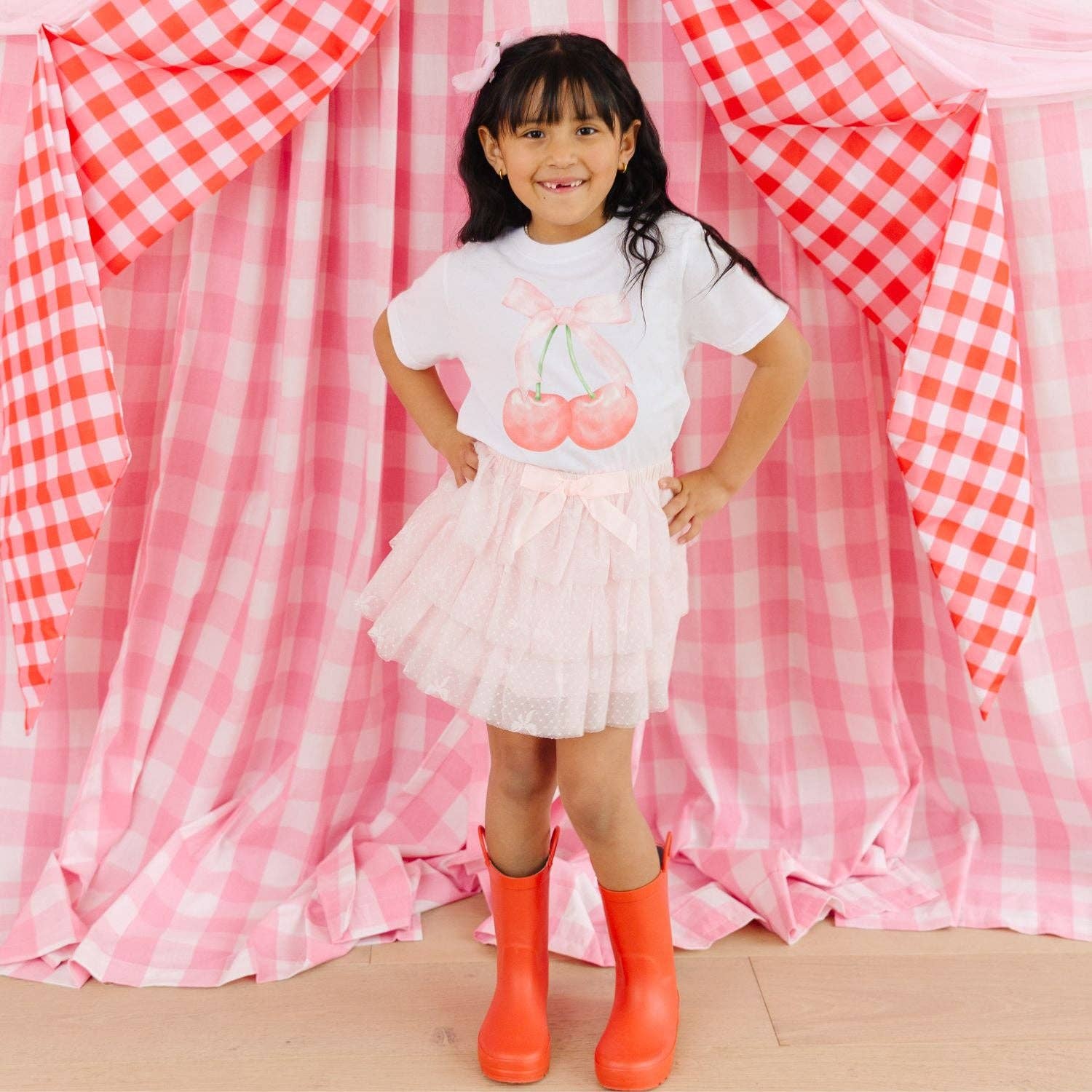 Cherry Tulle Bow Clip  - Kids Hair Bow