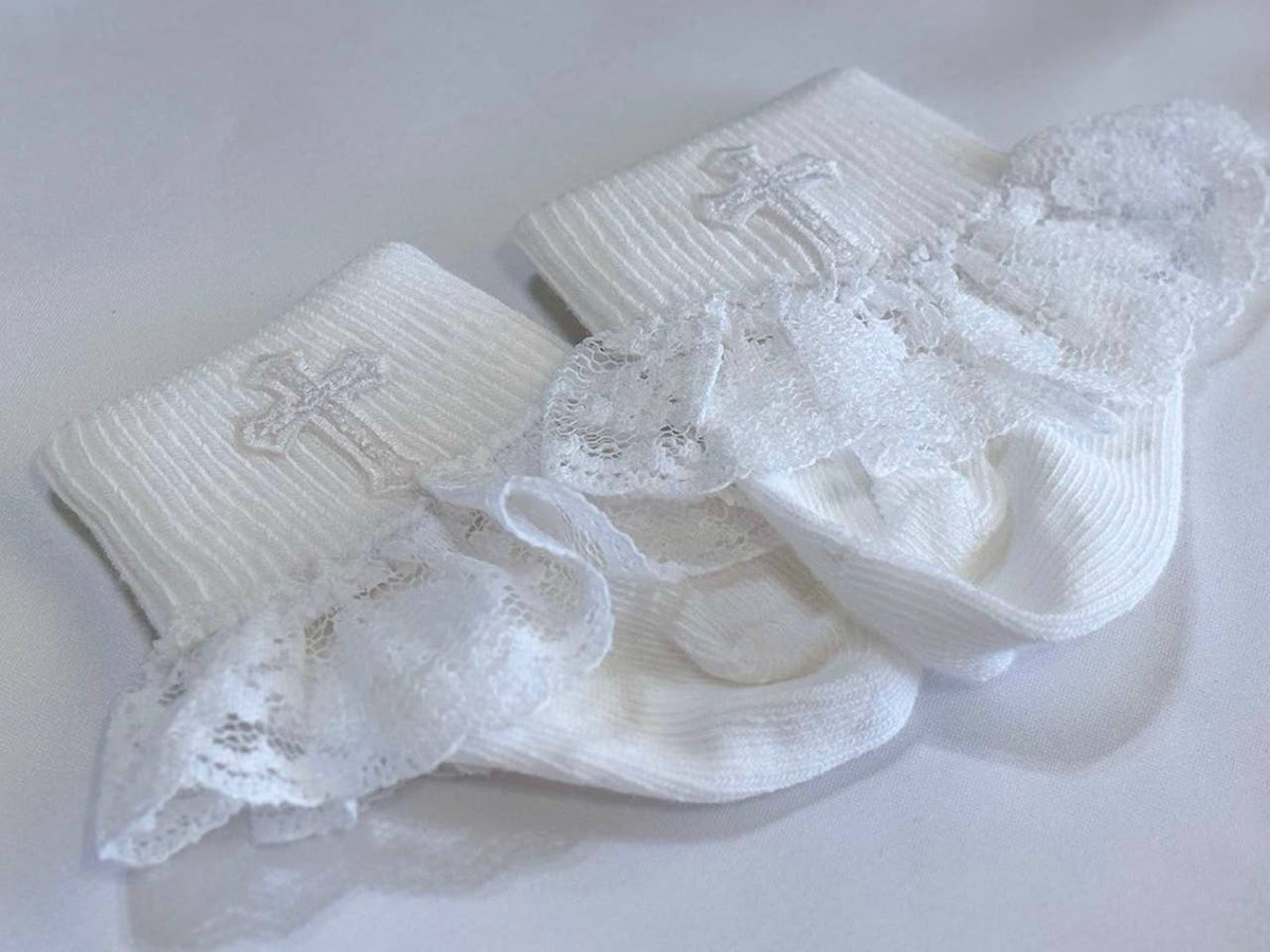 Girl's White Baby Socks With Crosses (One Pair)