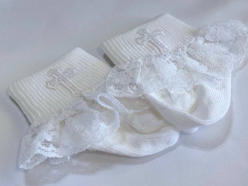 Girl's White Baby Socks With Crosses (One Pair)