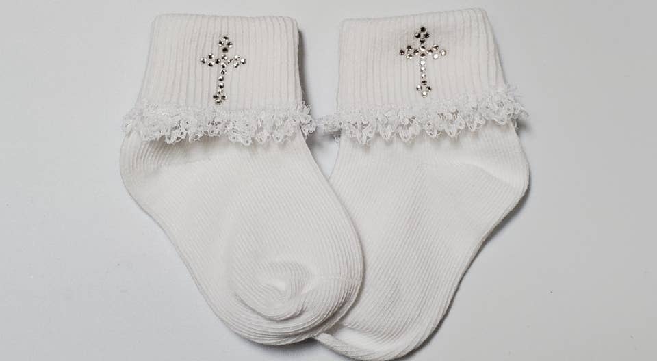 Girl's White Socks W/ Cry. Cross & Lace