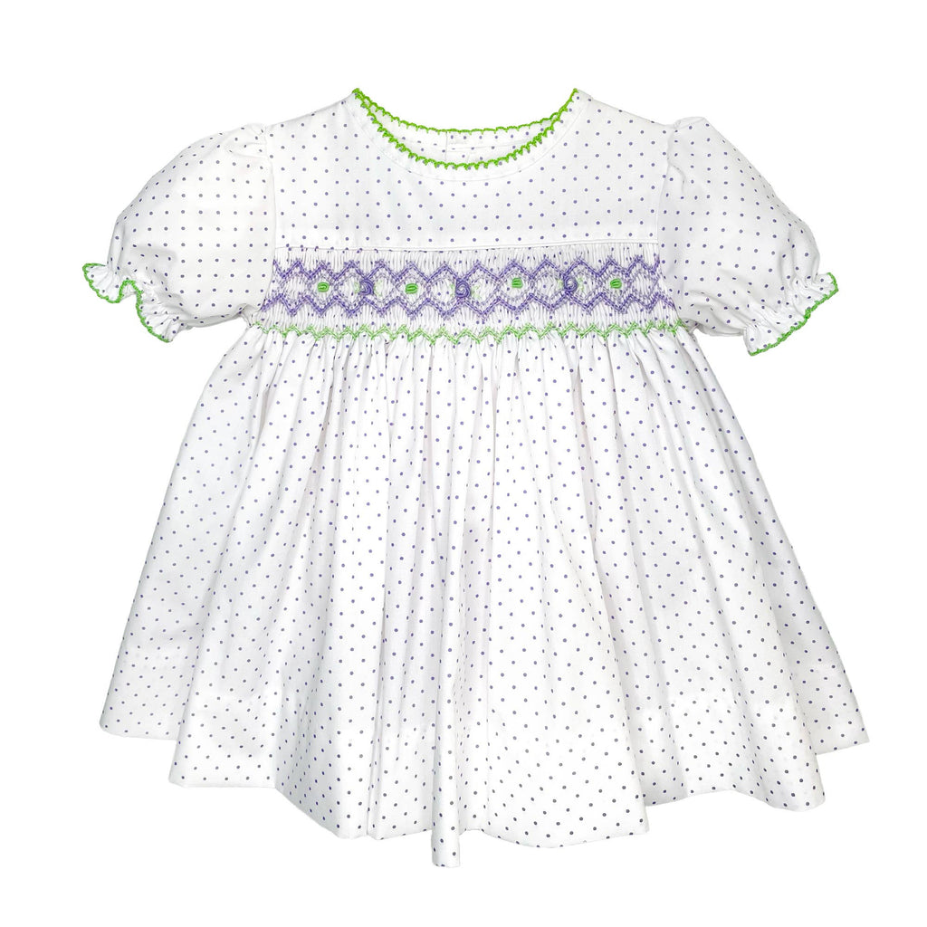 Lavender Dot Print Dress with Corded Hand Smocking