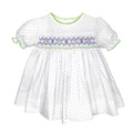 Lavender Dot Print Dress with Corded Hand Smocking