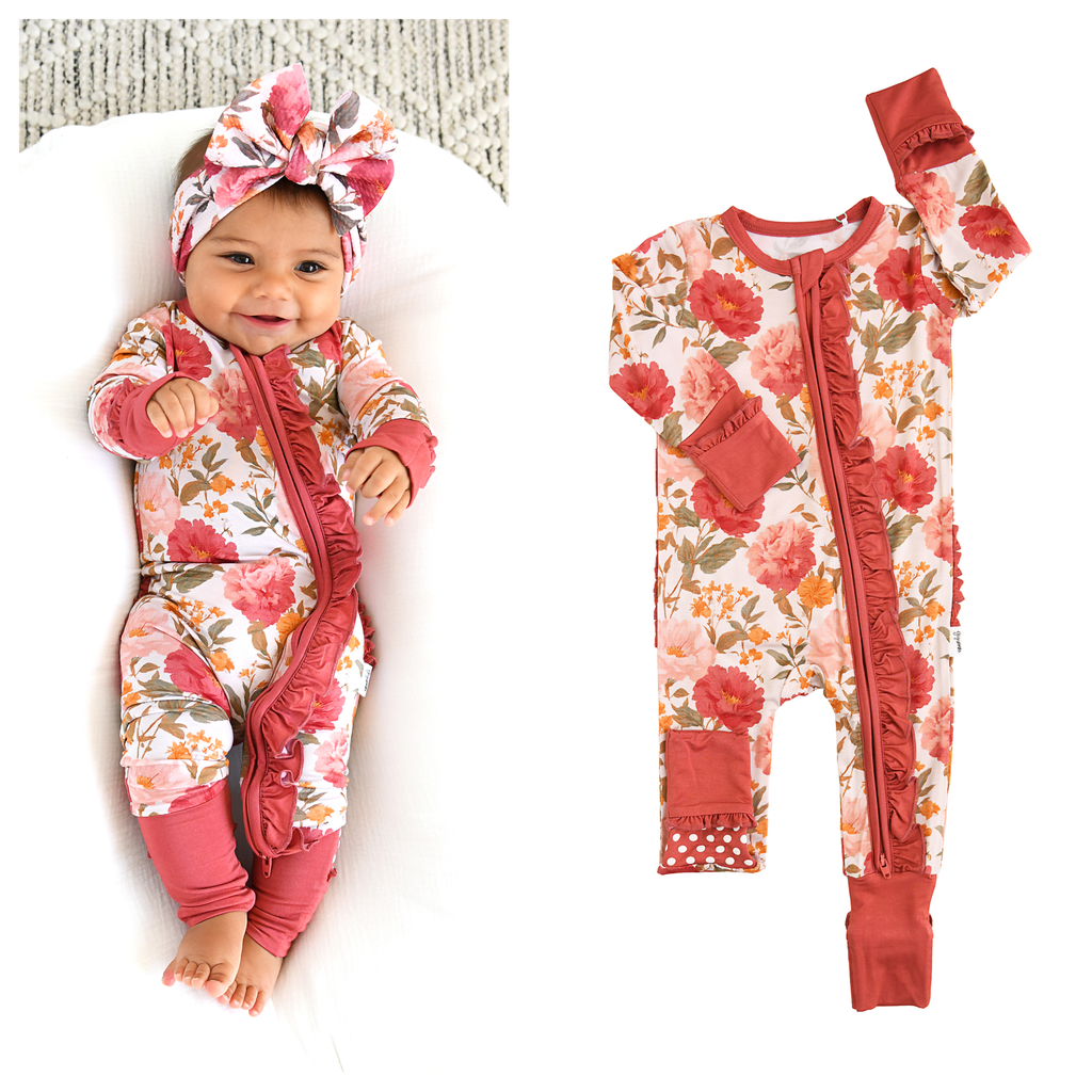 Felicity RUFFLE ZIP Bamboo Floral One Piece Baby Outfit
