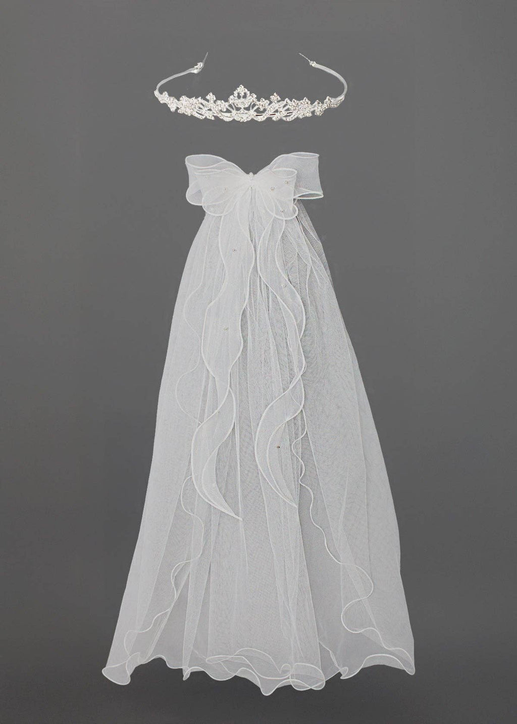 1" Rhinestone Tiara With Bow Beaded Pearl Veil Clip