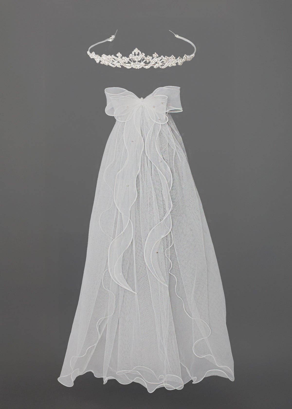 1" Rhinestone Tiara With Bow Beaded Pearl Veil Clip