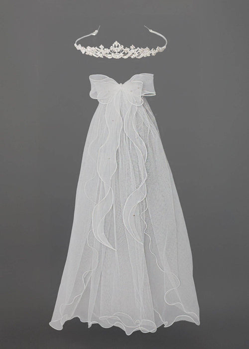 1" Rhinestone Tiara With Bow Beaded Pearl Veil Clip