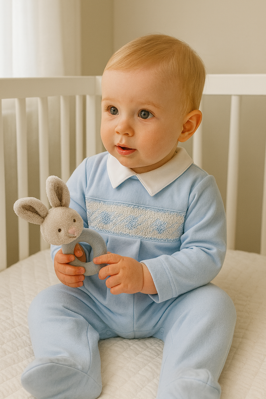 Baby Boy's Blue Jacquard Hand Smocked Footie