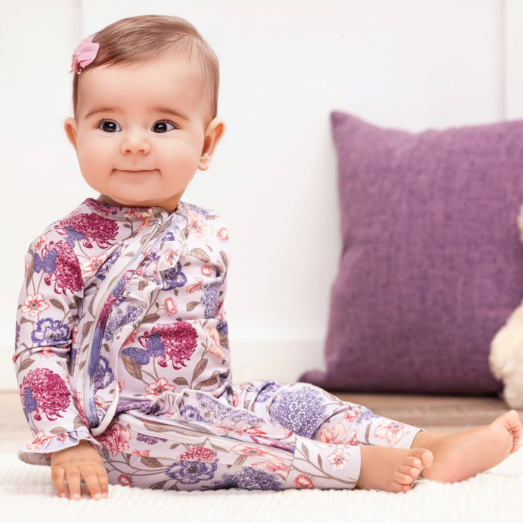 Floral Ruffle Baby Zipper Romper – Soft Bamboo Vintage Bloom
