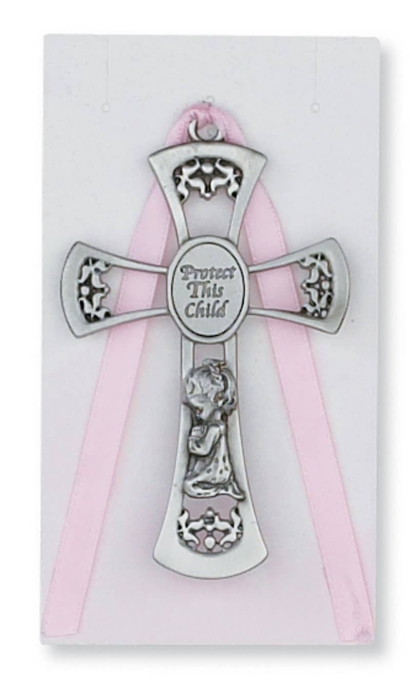 Baby Girl Crib Cross with pink ribbon