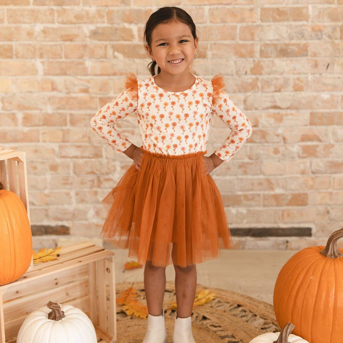 Cinnamon Floral Long Sleeve Tutu Dress - Kids Clothing -Fall