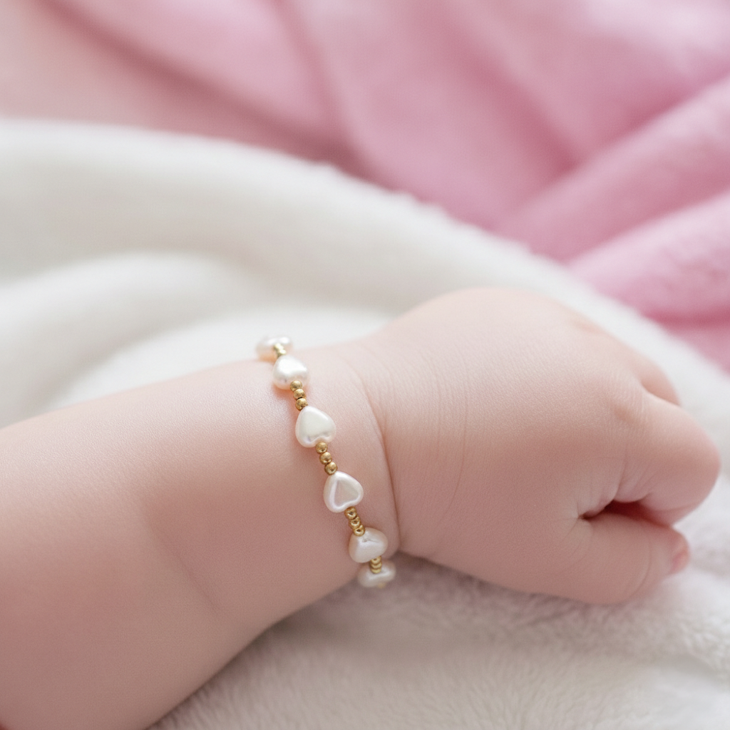 Girls 14K Gold-Plated Heart Pearl Baby Beaded Bracelet