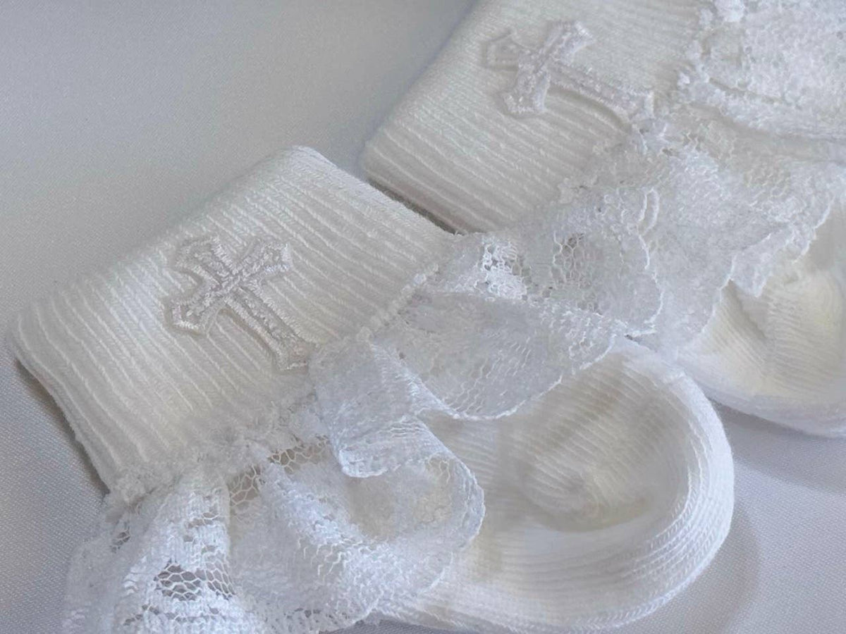 Girl's White Baby Socks With Crosses (One Pair)