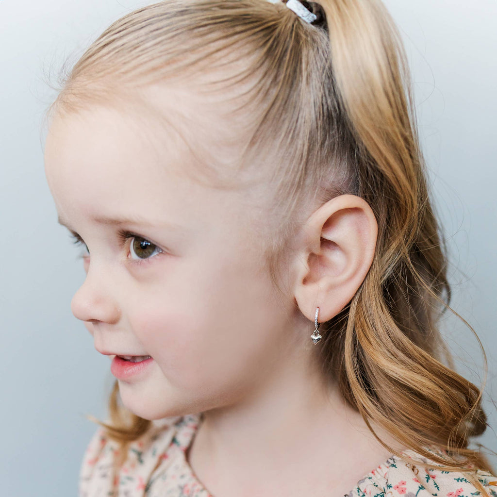 Sterling Silver Huggie with Heart Earrings for Kids, Girls