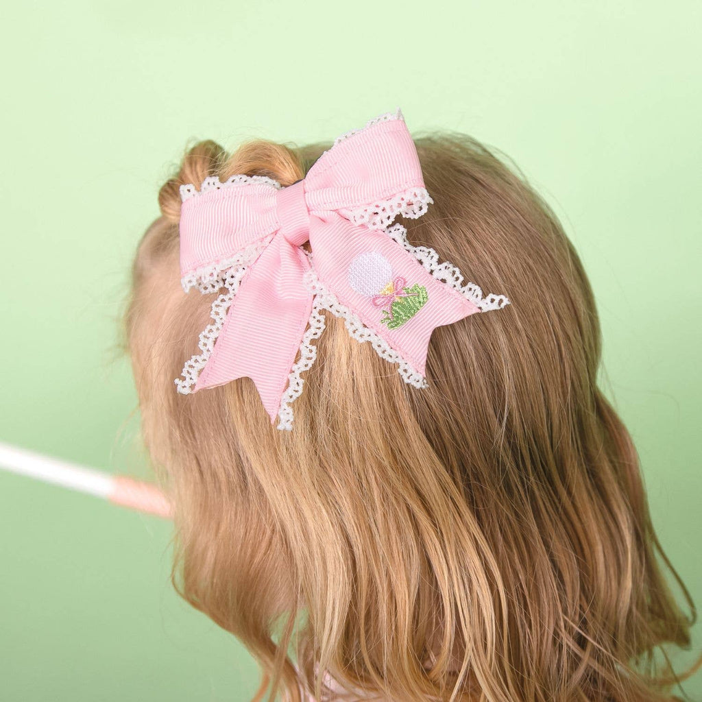 Golf Tee Embroidered Lace Bow Clip - Kids Hair Bows