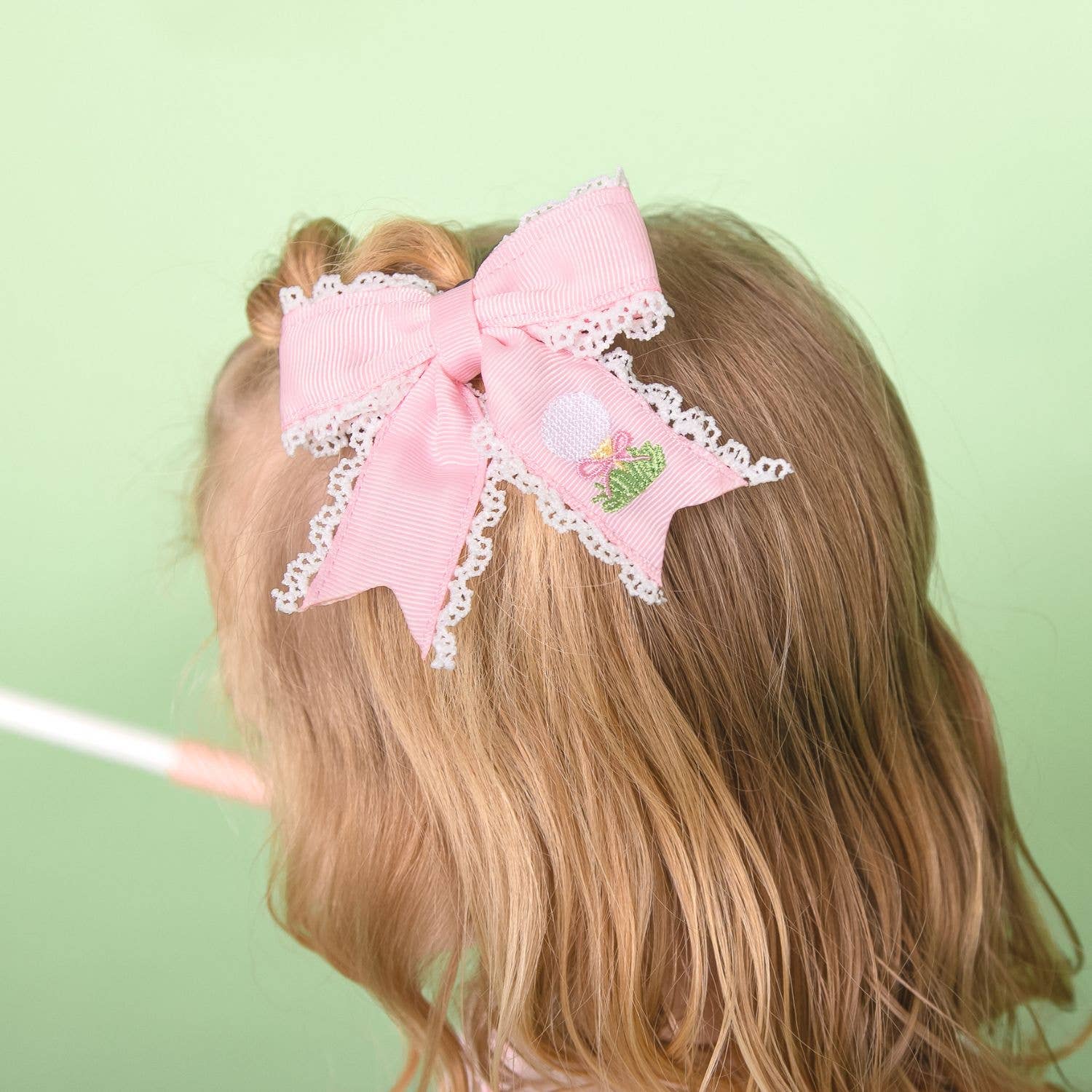 Golf Tee Embroidered Lace Bow Clip - Kids Hair Bows