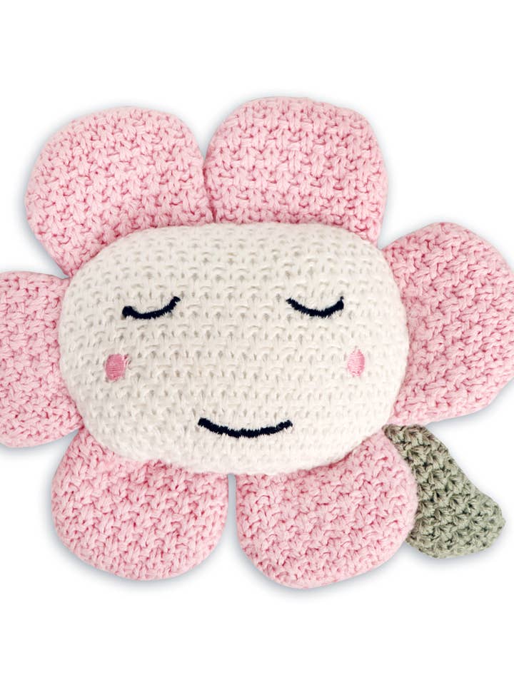 Flower Pointelle knot baby blanket and Flower Rattle set